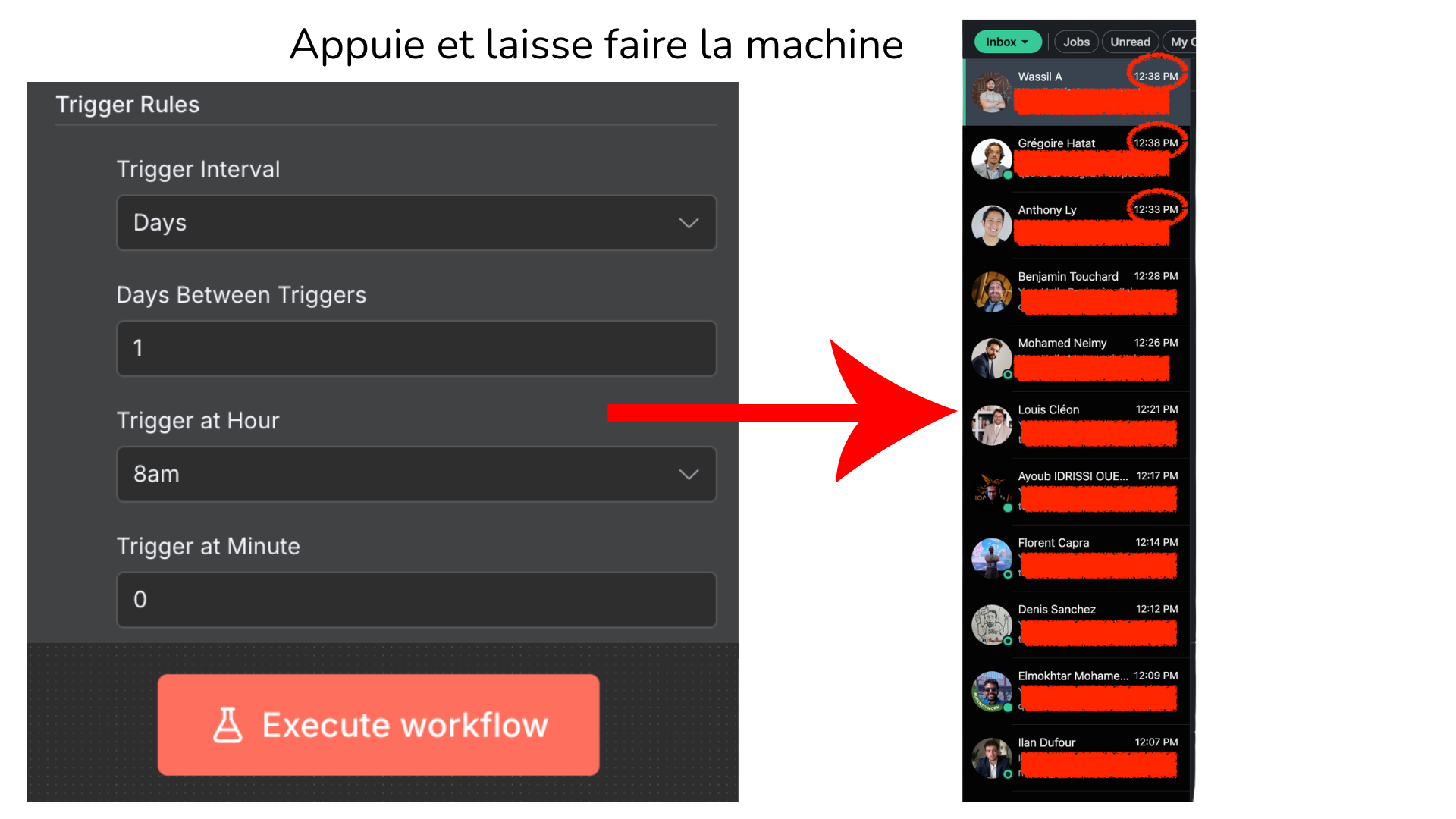 Aperçu réel – Workflow n8n et messagerie LinkedIn
